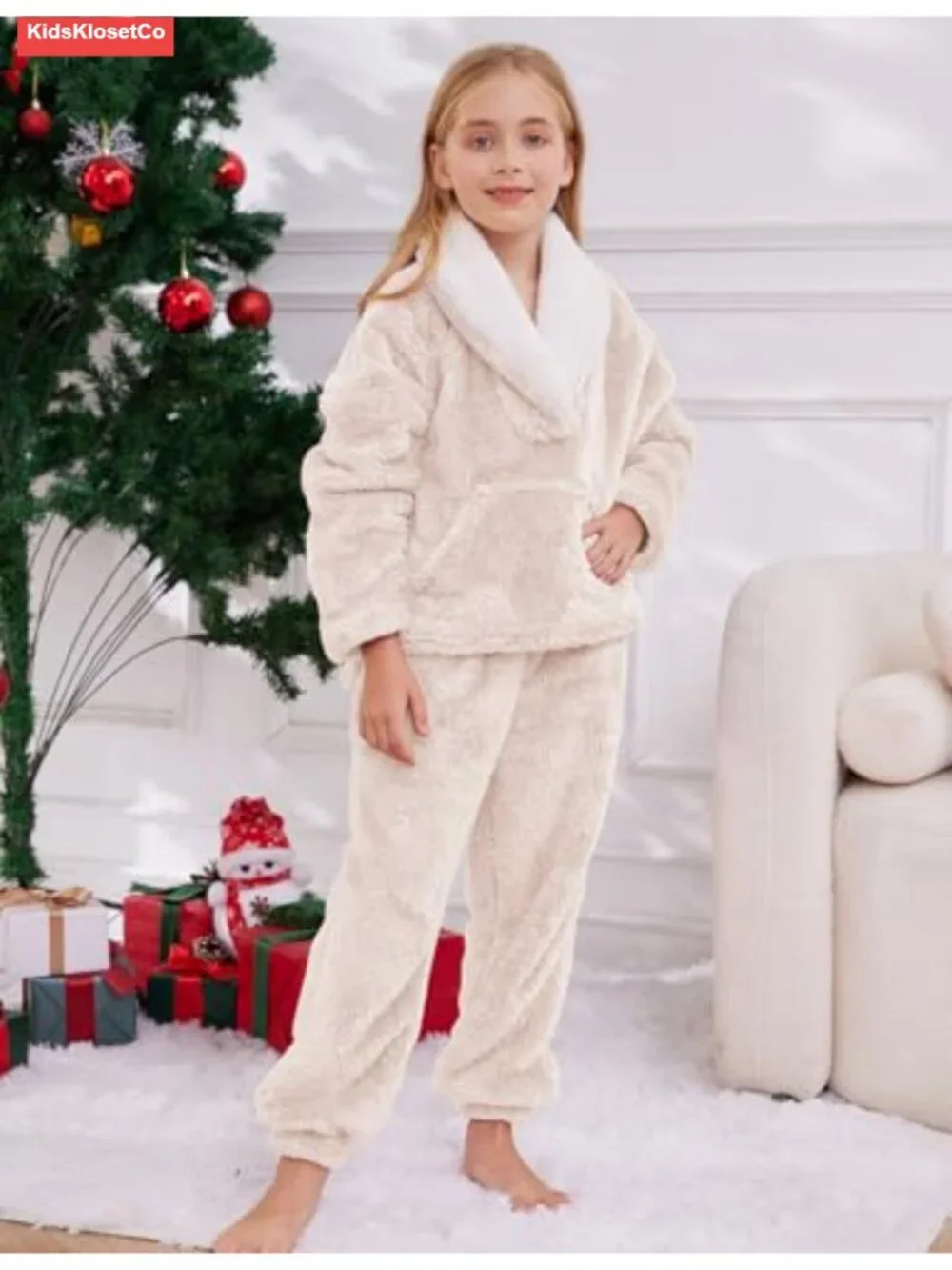 Girls Fleece Pants Set Fuzzy 2 Piece Outfit Lapel Collar Pullover Sweatshirt